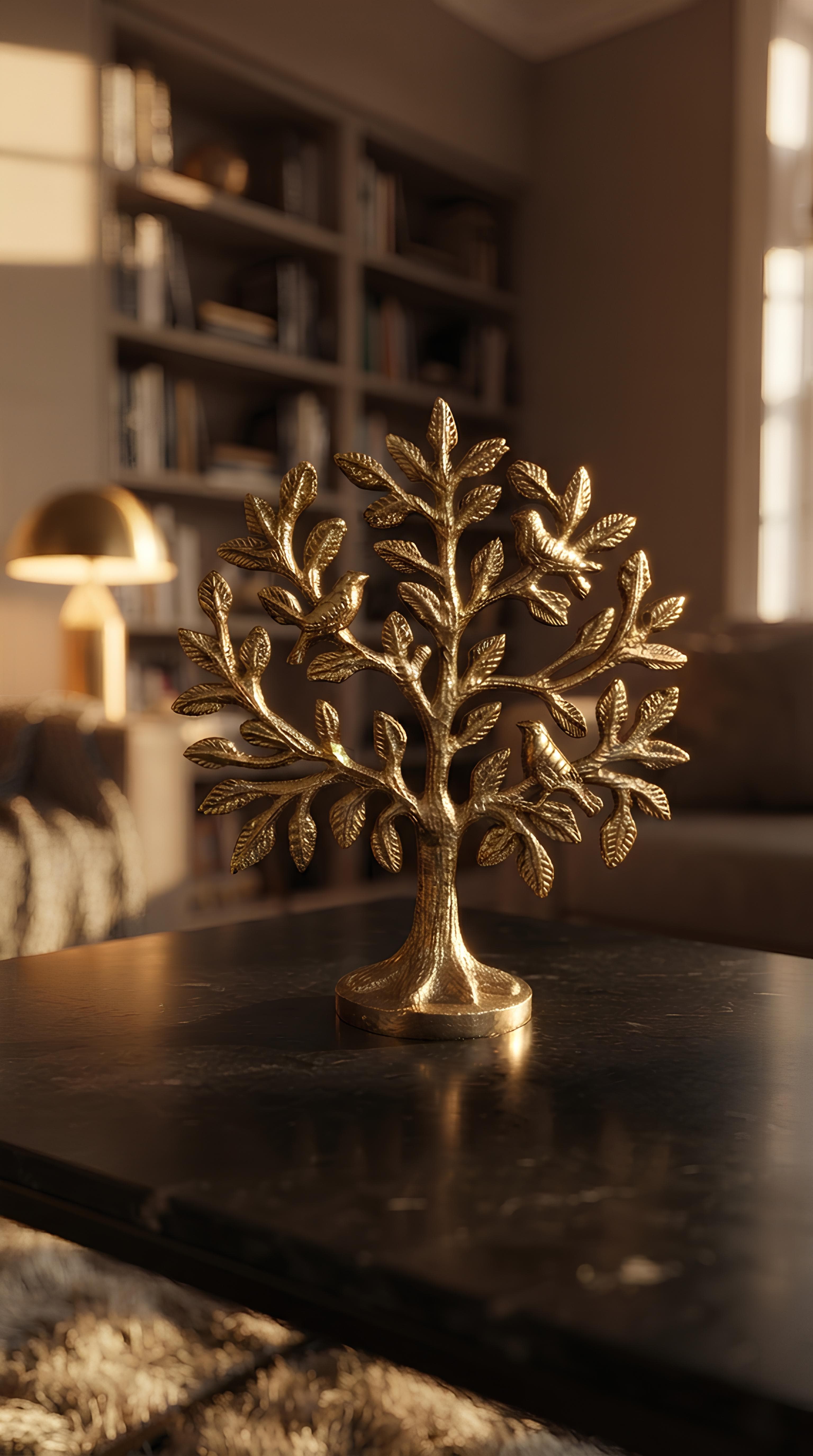 Kalpavriksha pure brass wish-fulfilling tree sculpture, 5.5 inches, on an ivory surface