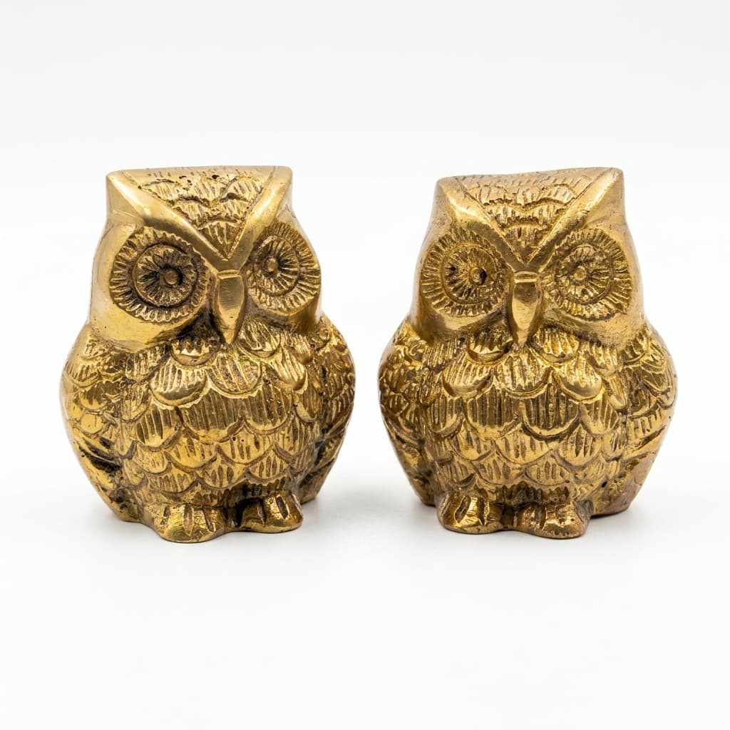 Set of two pure brass owl figurines, Lakshmi's vahana, on a sandalwood surface
