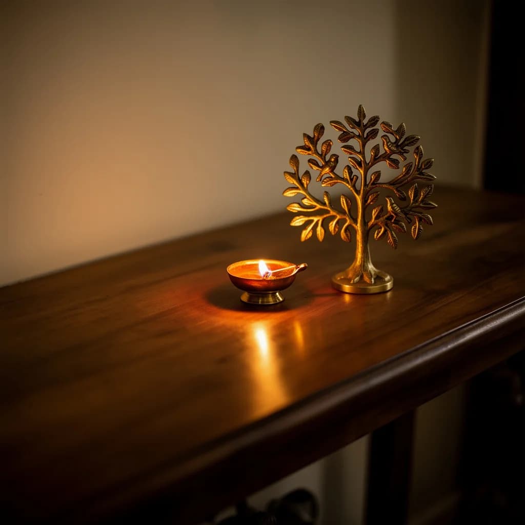 Brass Kalpavriksha illuminated by candlelight in a puja setting