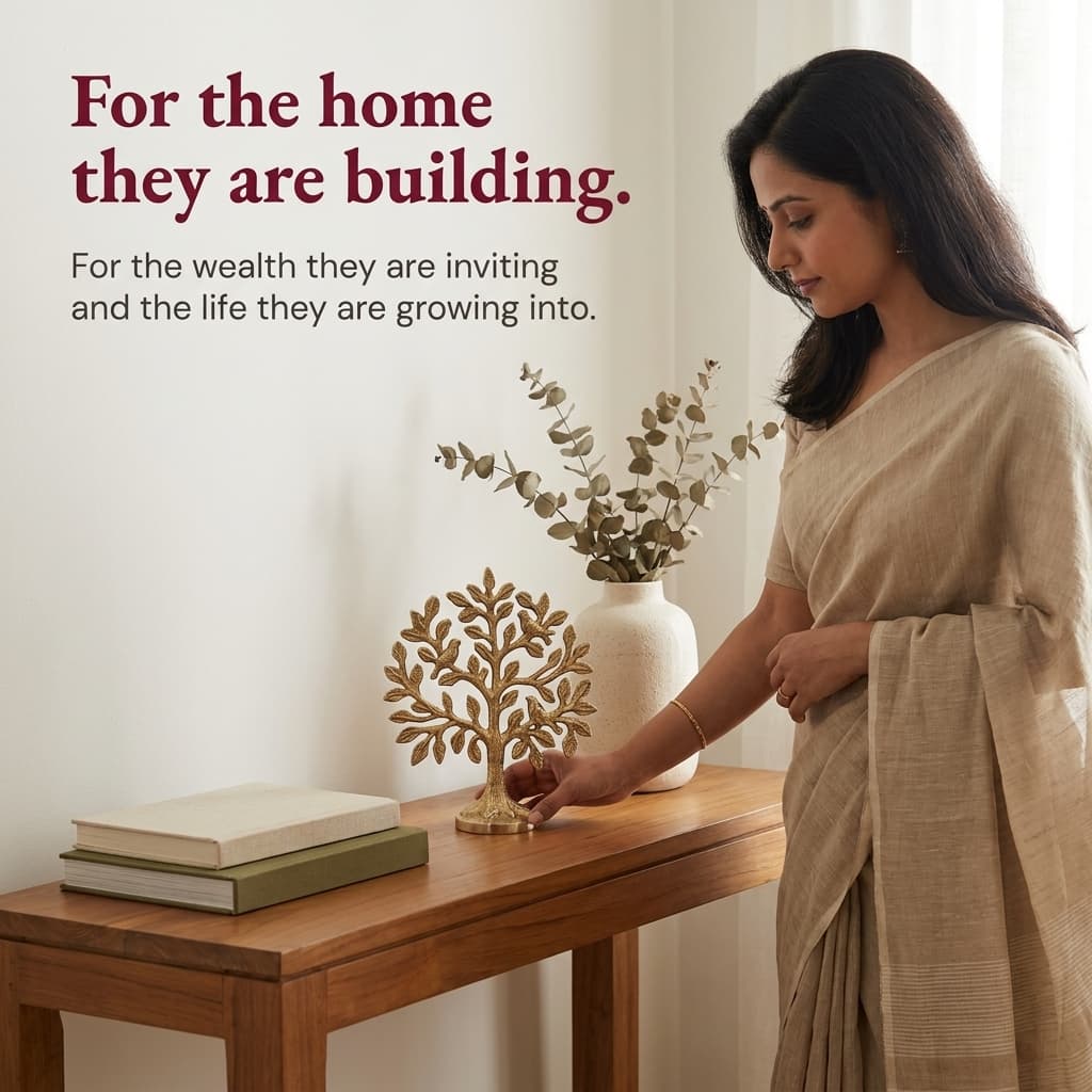 Kalpavriksha in a styled Indian home corner with warm golden-hour light